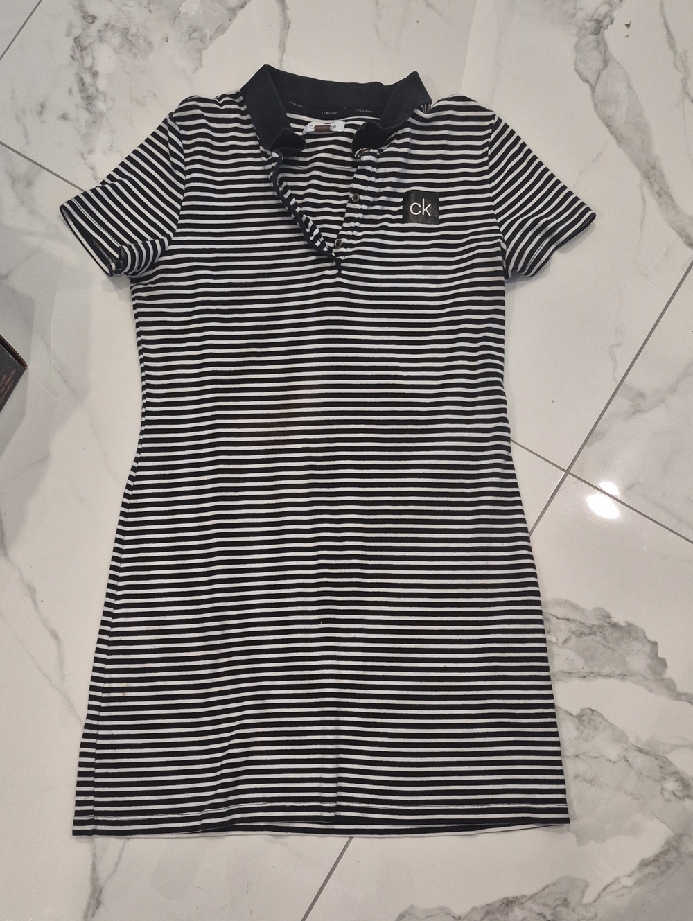 Calvin Klein Black & White Striped Polo Shift Dress